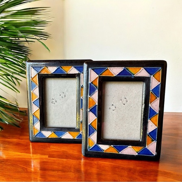 Set of 2 Handpainted Ceramic Tile Picture Frames – Multicolor Geometric Mosaic - Picture 3 of 14